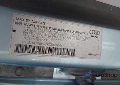 2006 Audi A4 1.8T from USA, damaged, VIN WAUAC48H76K007650